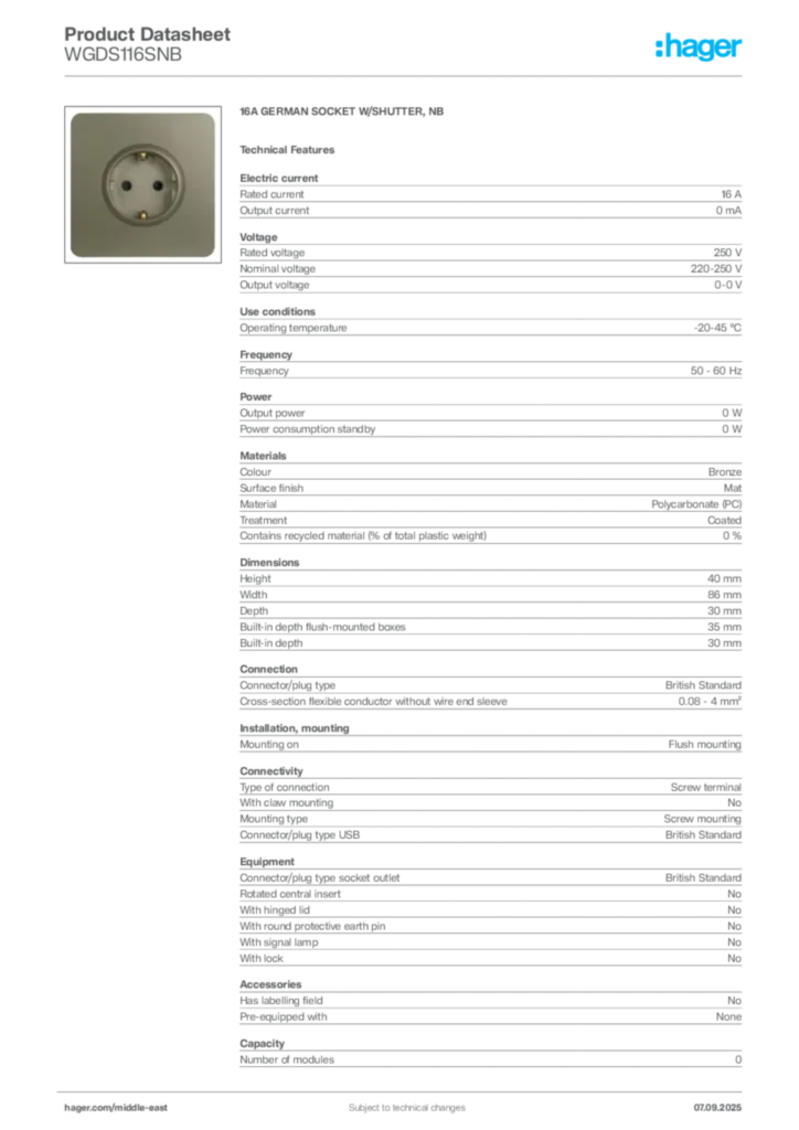 Image Hager Product data sheet WGDS116SNB  | Hager