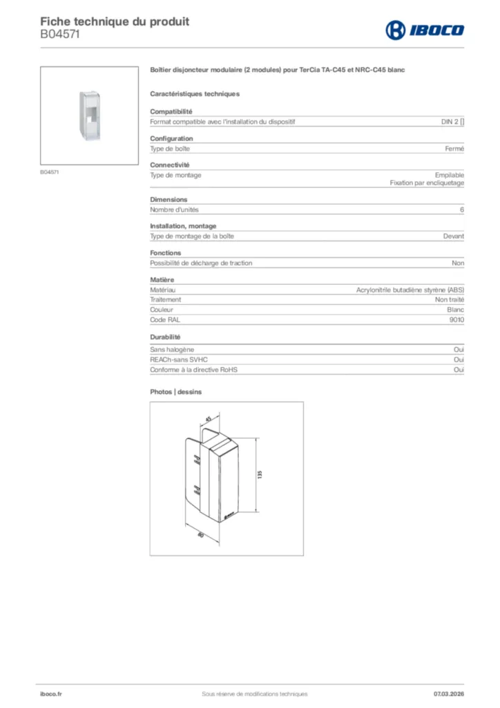 Image Iboco Fiche technique du produit B04571 | Hager France