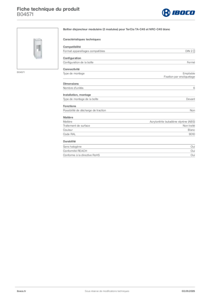 Image Iboco Fiche technique du produit B04571 | Hager France