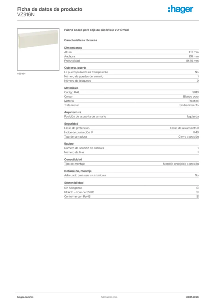 Imagen Hager Ficha de datos de producto VZ916N | Hager España