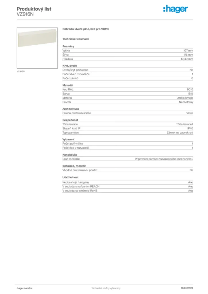Obrázek Hager Product data sheet VZ916N | Hager
