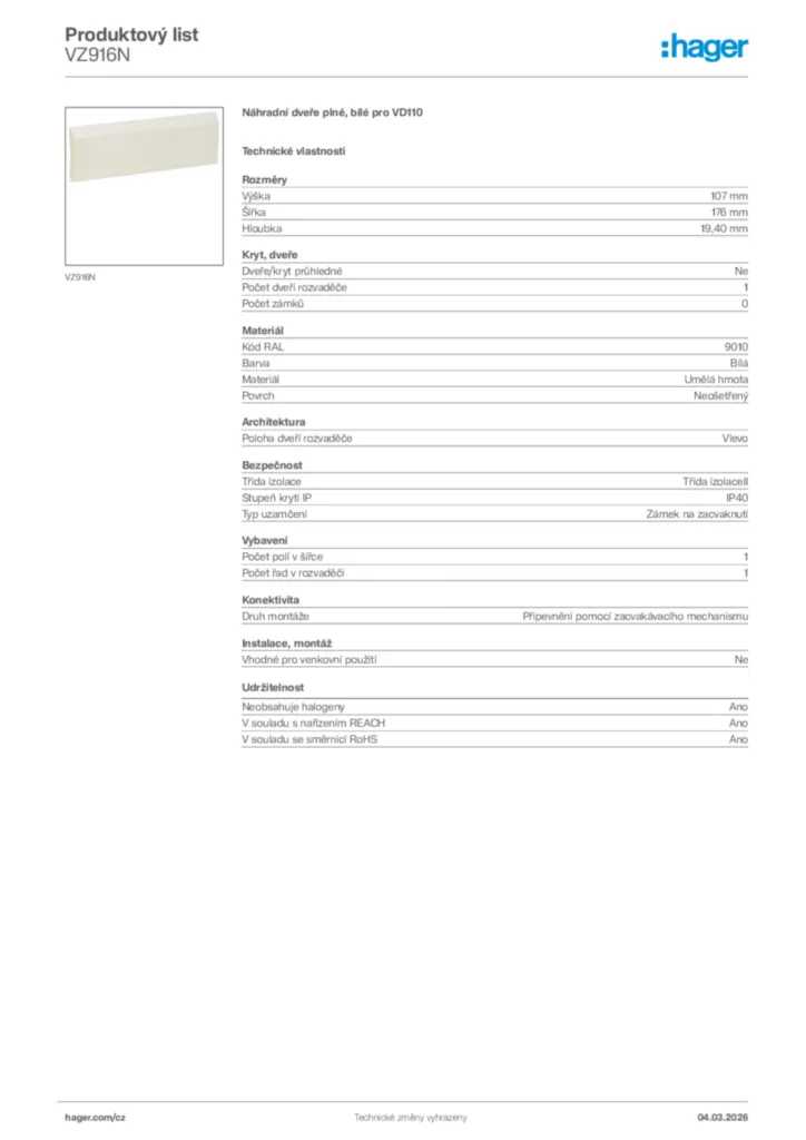 Obrázek Hager Product data sheet VZ916N | Hager
