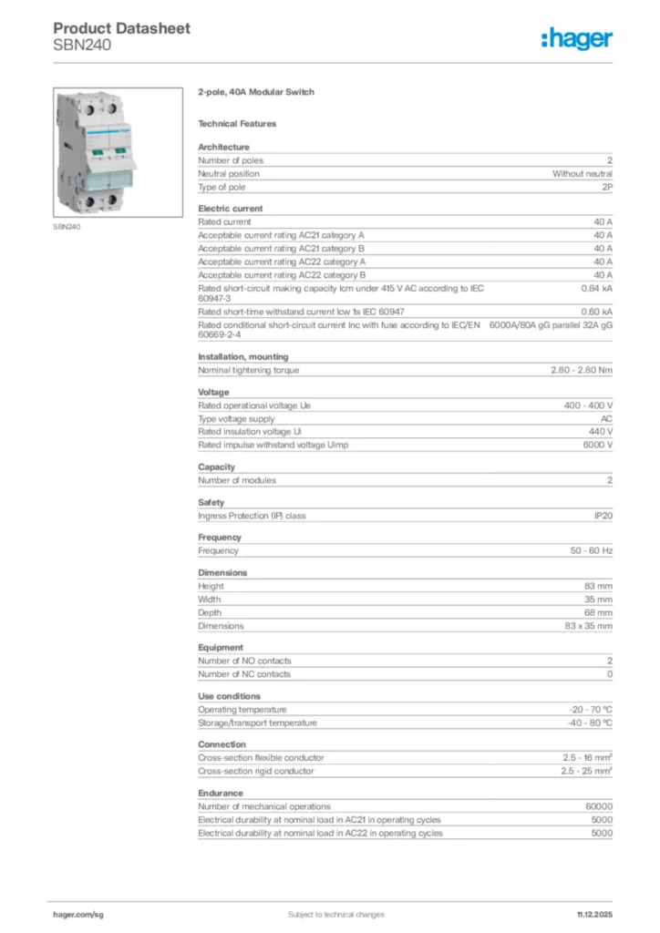 Image Hager Product data sheet SBN240  | Hager