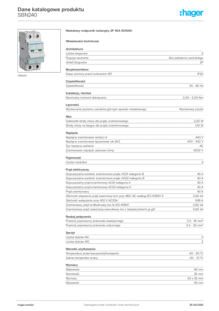 Zdjęcie Hager Karta katalogowa SBN240 | Hager Polska