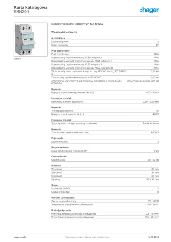 Zdjęcie Hager Karta katalogowa SBN240 | Hager Polska
