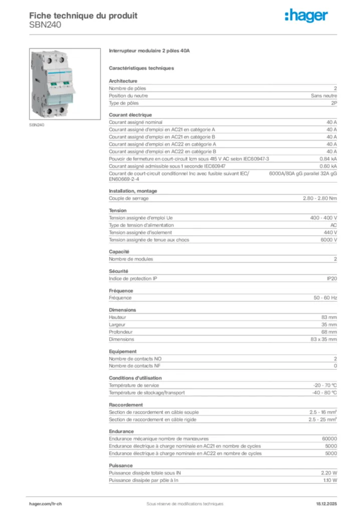 Image Hager Fiche technique du produit SBN240 | Hager Suisse