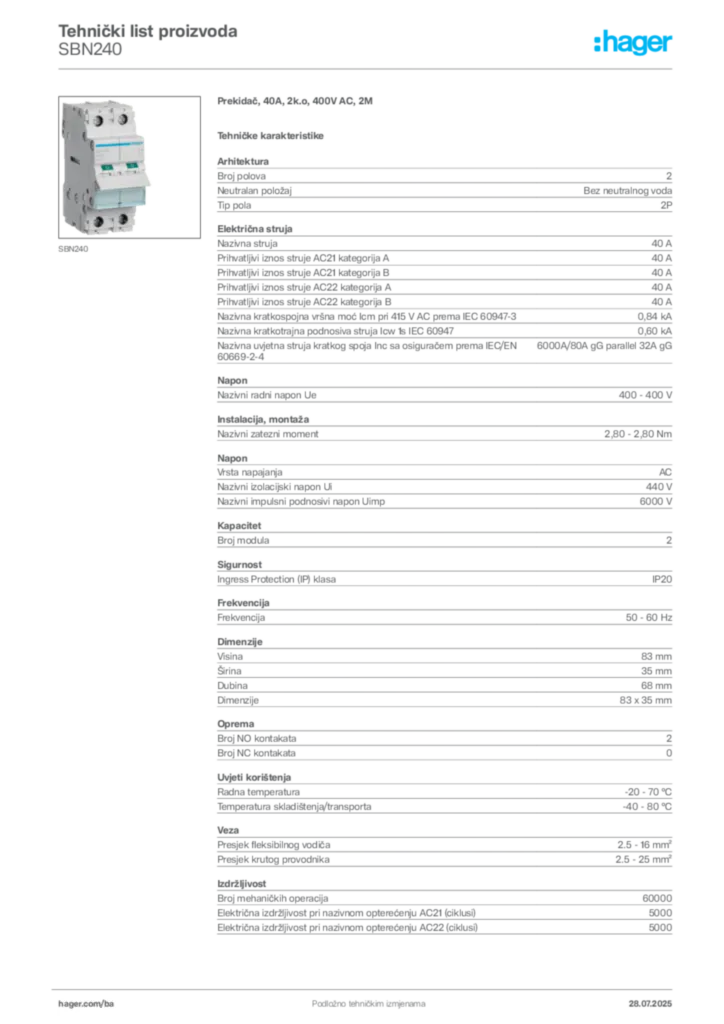 Slika Hager Product data sheet SBN240  | Hager
