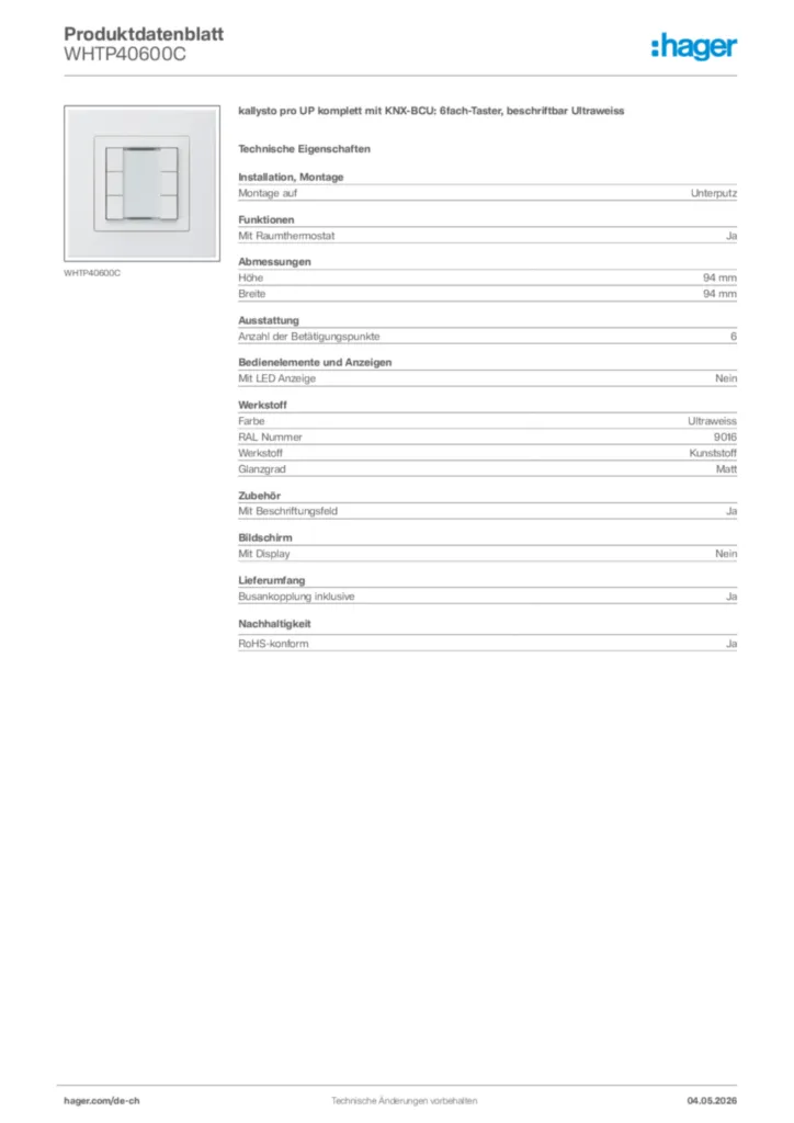 Bild Hager Produktdatenblatt WHTP40600C | Hager Schweiz