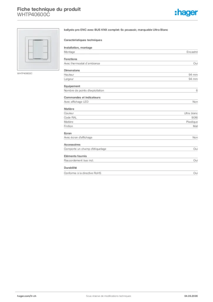 Image Hager Fiche technique du produit WHTP40600C | Hager Suisse