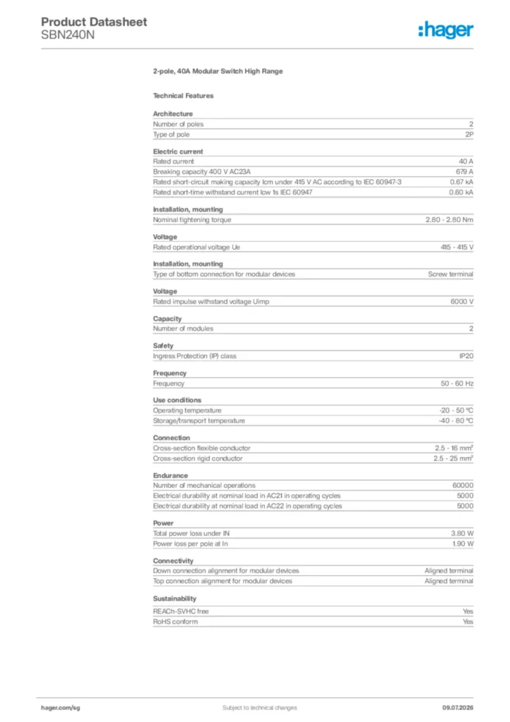 Image Hager Product data sheet SBN240N  | Hager