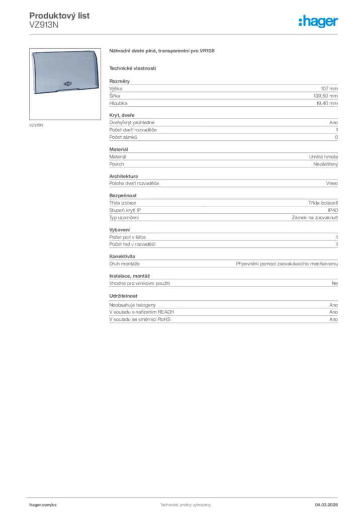 Obrázek Hager Product data sheet VZ913N | Hager
