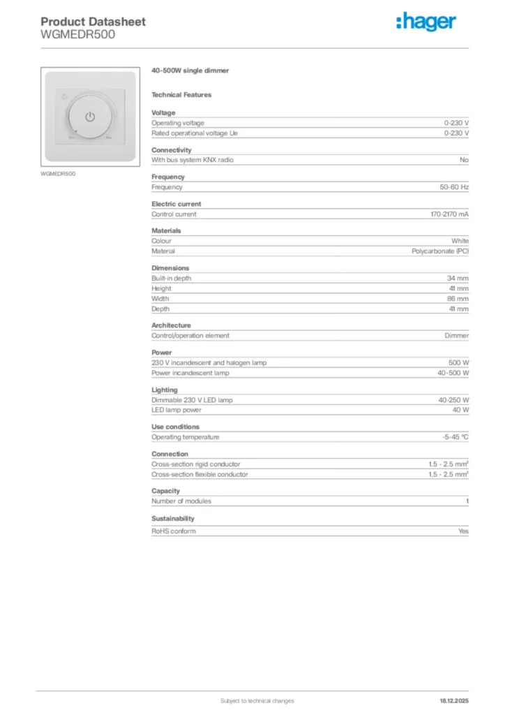 Image Hager Product data sheet WGMEDR500  | Hager Africa