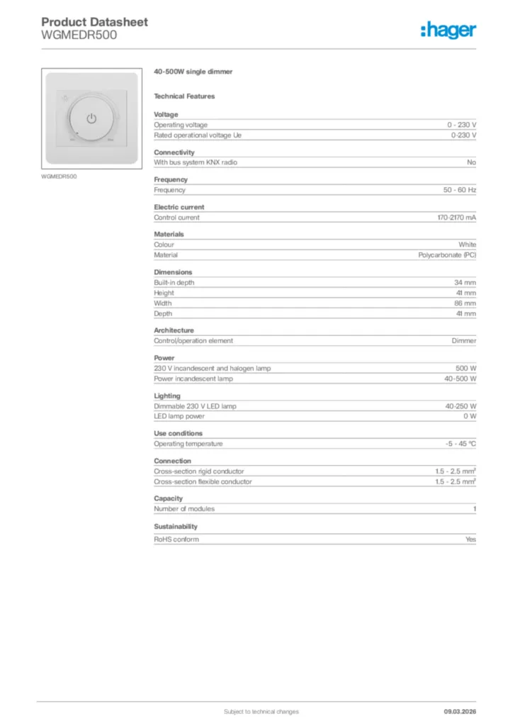 Image Hager Product data sheet WGMEDR500  | Hager Africa