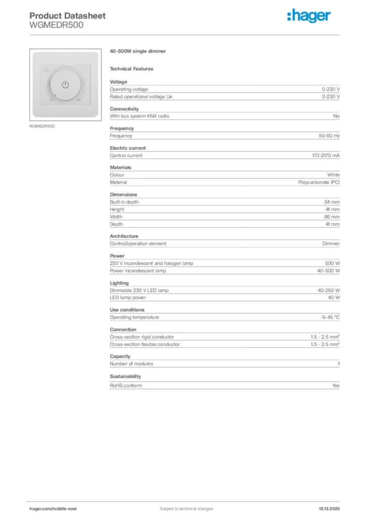 Image Hager Product data sheet WGMEDR500  | Hager