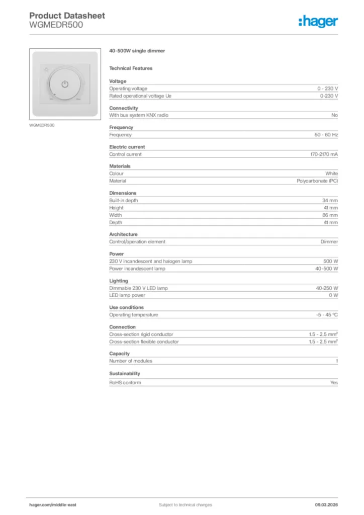 Image Hager Product data sheet WGMEDR500  | Hager