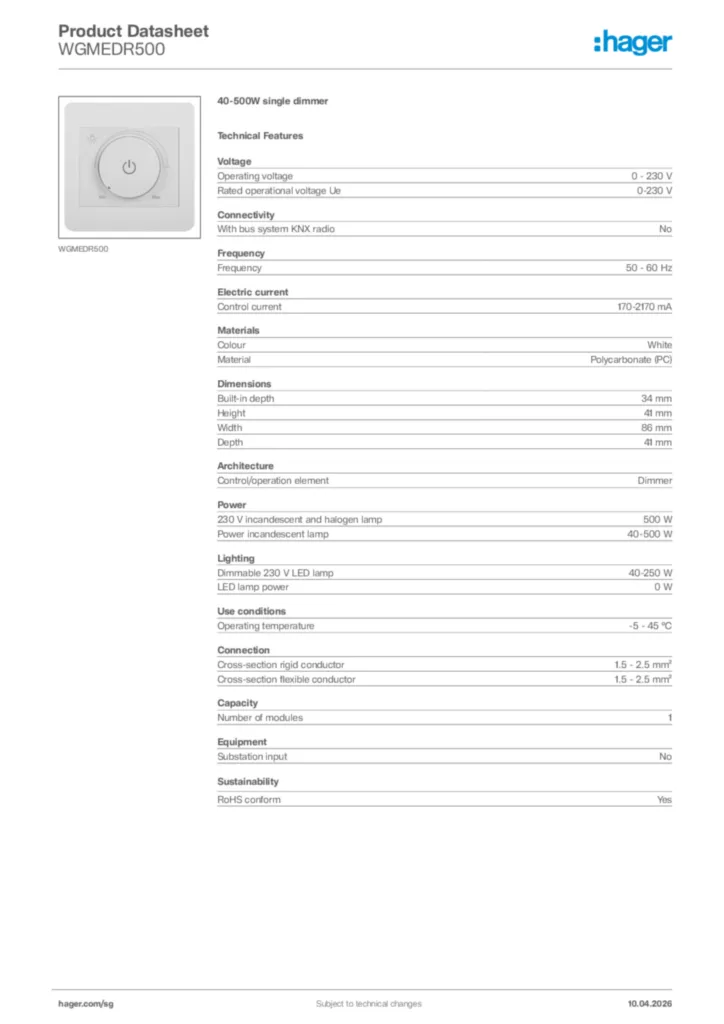 Image Hager Product data sheet WGMEDR500  | Hager