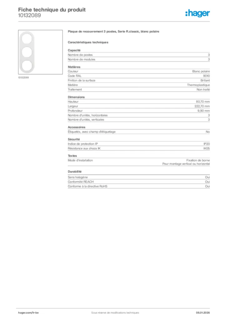 Image Hager Fiche technique du produit 10132089 | Hager Belgique