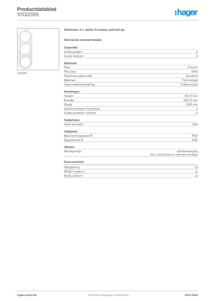 Afbeelding Hager Productdatablad 10132089 | Hager Belgium