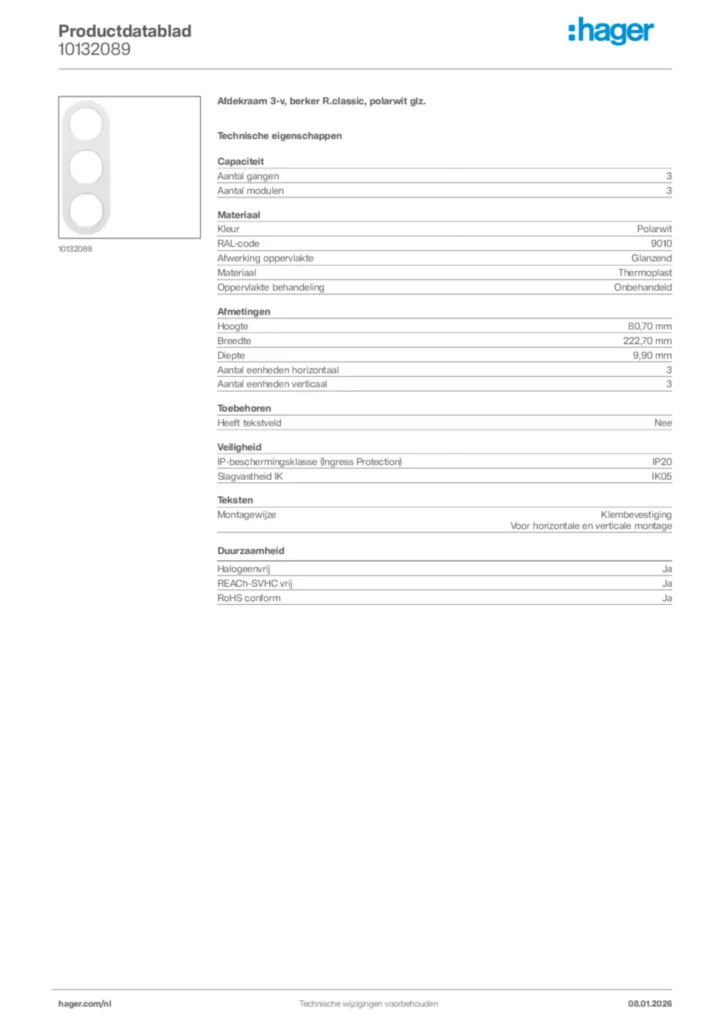 Afbeelding Hager Productdatablad 10132089 | Hager Nederland
