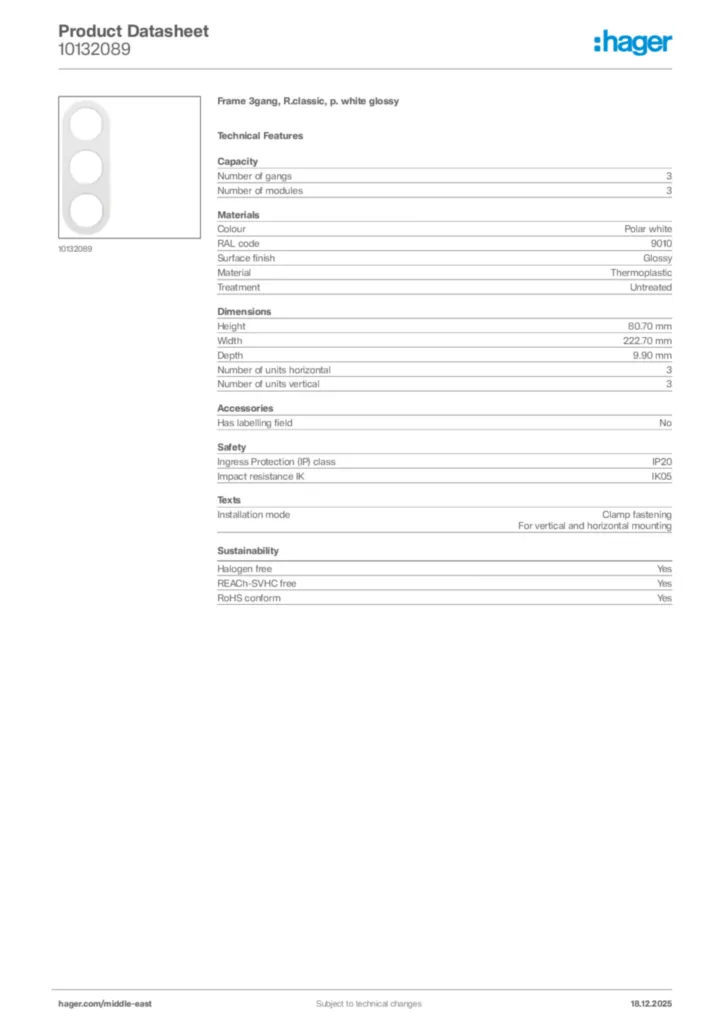 Image Hager Product data sheet 10132089  | Hager