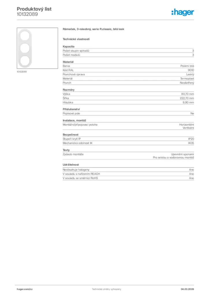 Obrázek Hager Product data sheet 10132089 | Hager