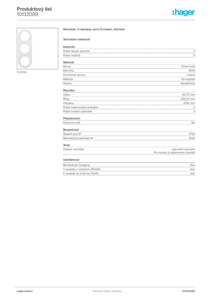 Obrázek Hager Produktový list 10132089 | Hager
