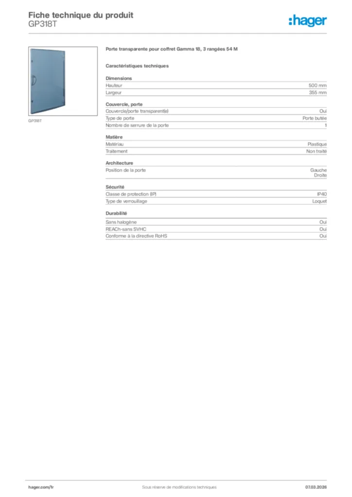 Image Hager Fiche technique du produit GP318T | Hager France