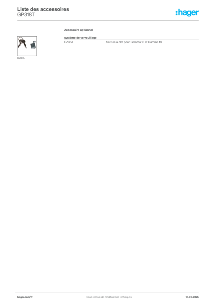 Image Hager Fiche technique du produit GP318T | Hager France