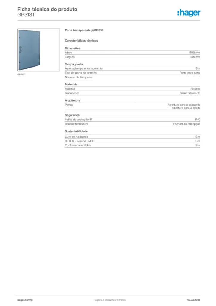 Imagem Hager Ficha técnica do produto GP318T | Hager Portugal