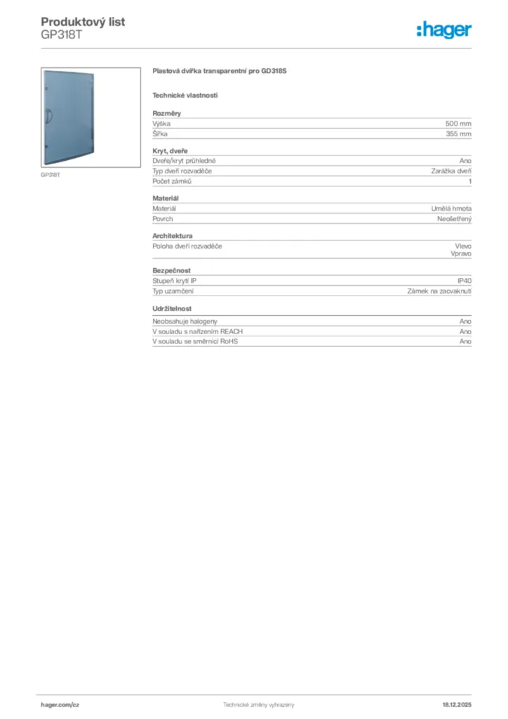 Obrázek Hager Produktový list GP318T | Hager