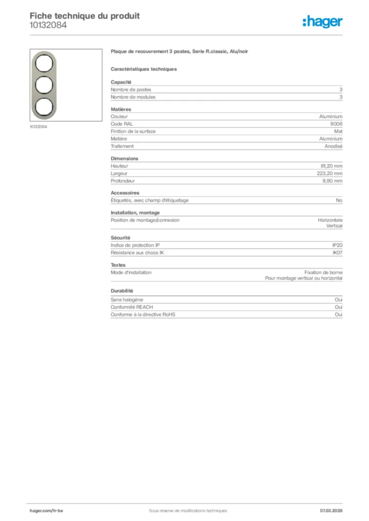 Image Hager Fiche technique du produit 10132084 | Hager Belgique