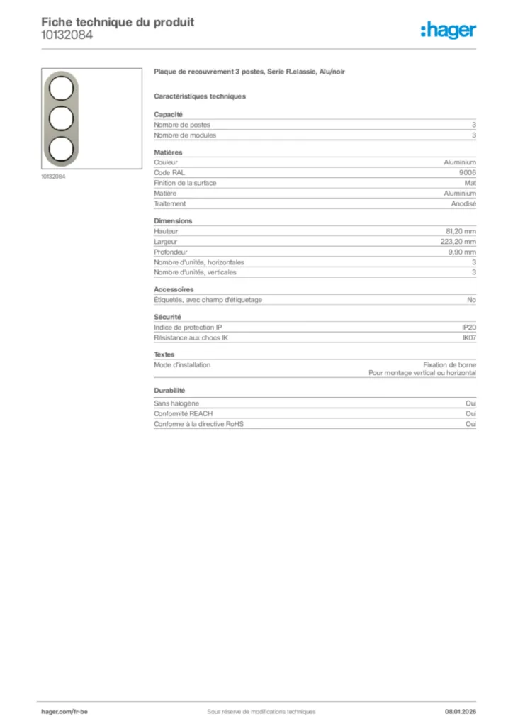 Image Hager Fiche technique du produit 10132084 | Hager Belgique