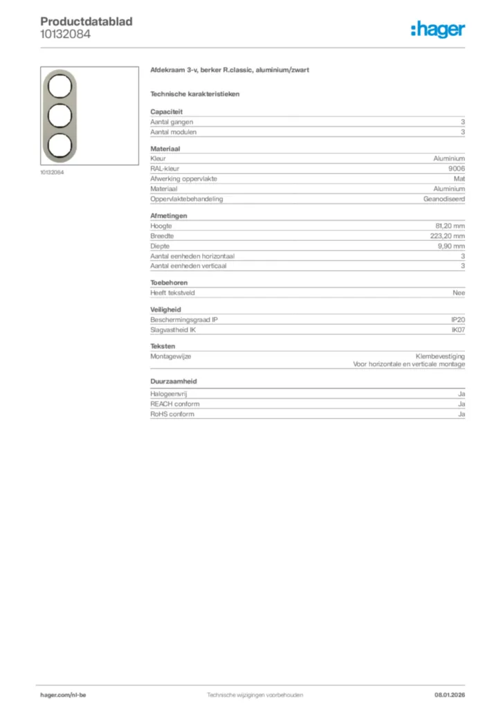 Afbeelding Hager Productdatablad 10132084 | Hager Belgium