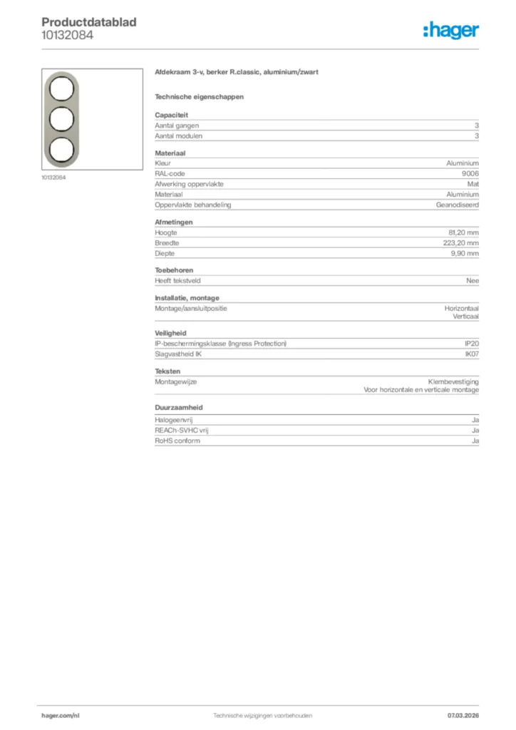 Afbeelding Hager Productdatablad 10132084 | Hager Nederland