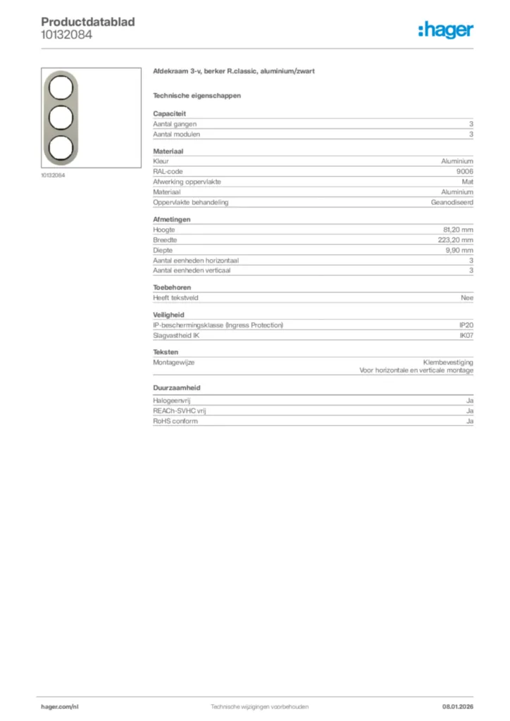 Afbeelding Hager Productdatablad 10132084 | Hager Nederland
