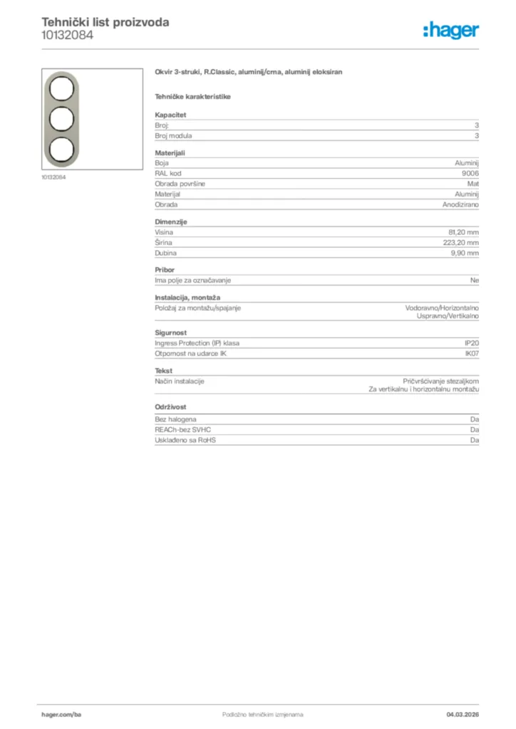 Slika Hager Tehnički list proizvoda 10132084  | Hager