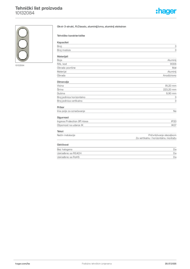 Slika Hager Product data sheet 10132084  | Hager