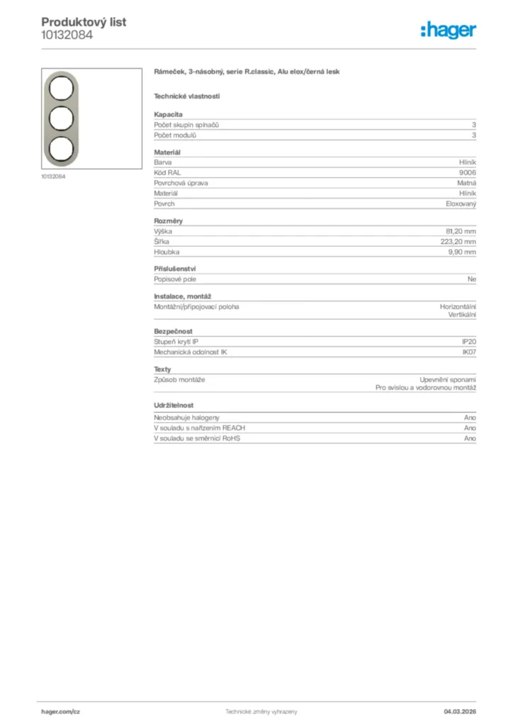 Obrázek Hager Product data sheet 10132084 | Hager