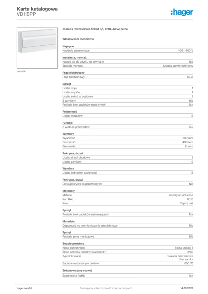 Zdjęcie Hager Karta katalogowa VD118PP | Hager Polska