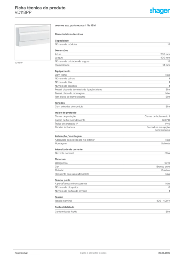 Imagem Hager Ficha técnica do produto VD118PP | Hager Portugal
