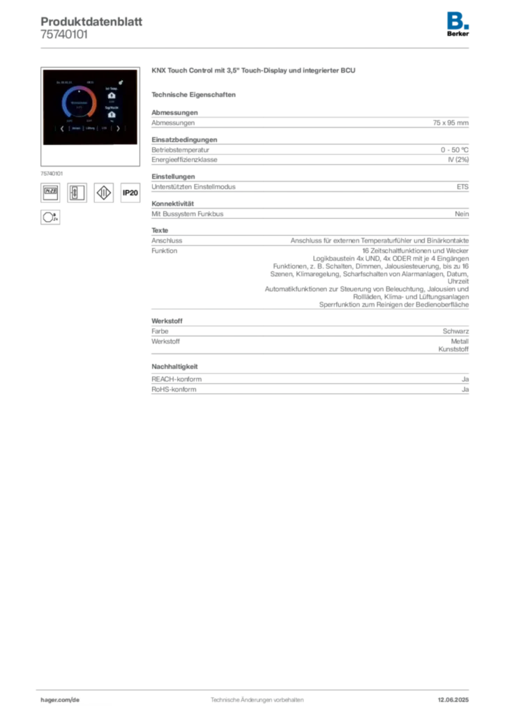 Bild Berker Produktdatenblatt 75740101 | Hager Deutschland
