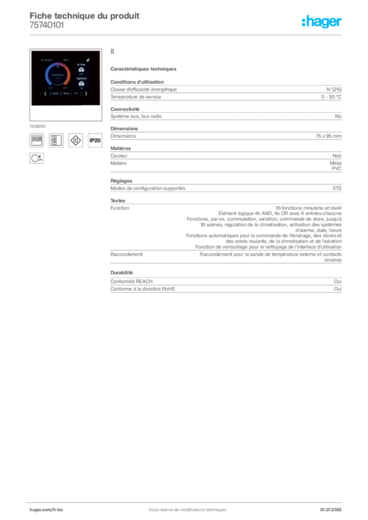 Image Hager Fiche technique du produit 75740101 | Hager Belgique