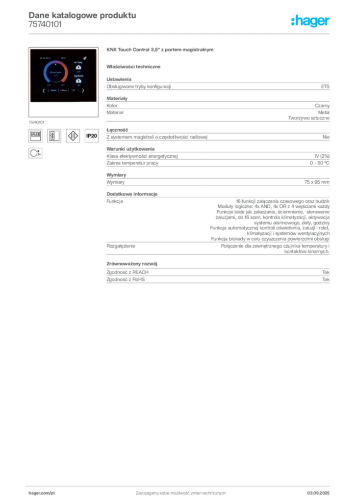 Zdjęcie Hager Karta katalogowa 75740101 | Hager Polska