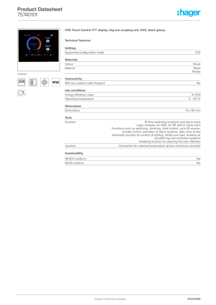 Image Hager Product data sheet 75740101  | Hager