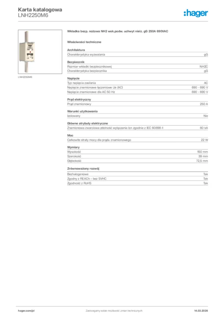 Zdjęcie Hager Karta katalogowa LNH2250M6 | Hager Polska