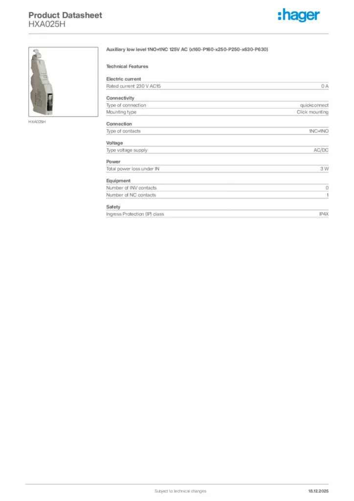 Image Hager Product data sheet HXA025H  | Hager Africa