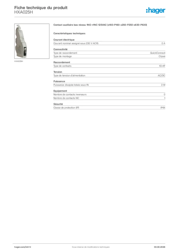 Image Hager Fiche technique du produit HXA025H | Hager Afrique