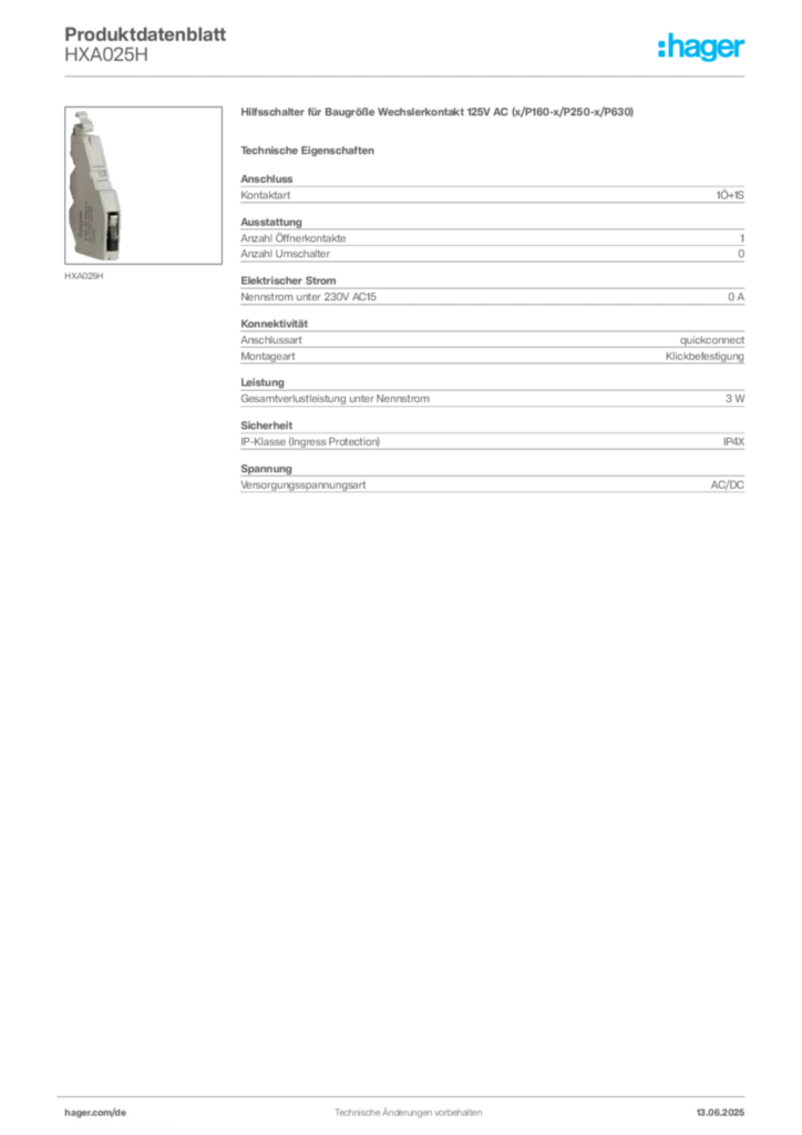 Hager Produktdatenblatt HXA025H