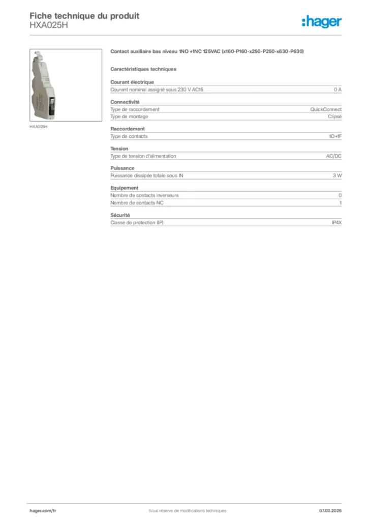 Image Hager Fiche technique du produit HXA025H | Hager France