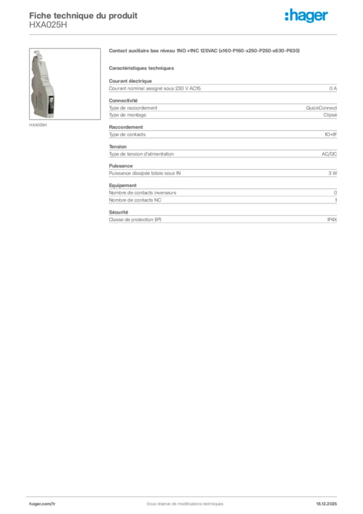 Image Hager Fiche technique du produit HXA025H | Hager France